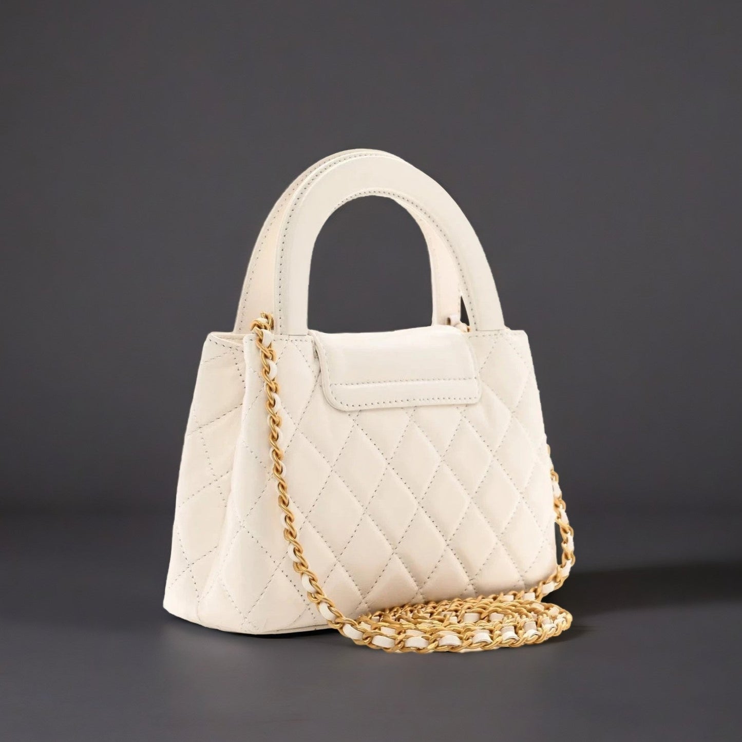 Shiny Aged Calfskin Quilted Nano Kelly Shopper White