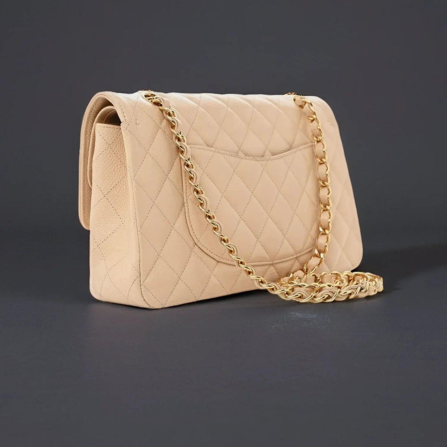 Caviar Quilted Medium Double Flap Beige