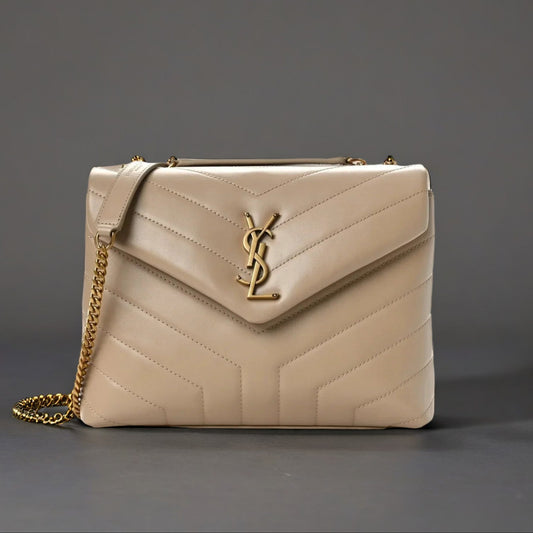 Calfskin Y Quilted Monogram Small Loulou Chain Satchel Dark Beige