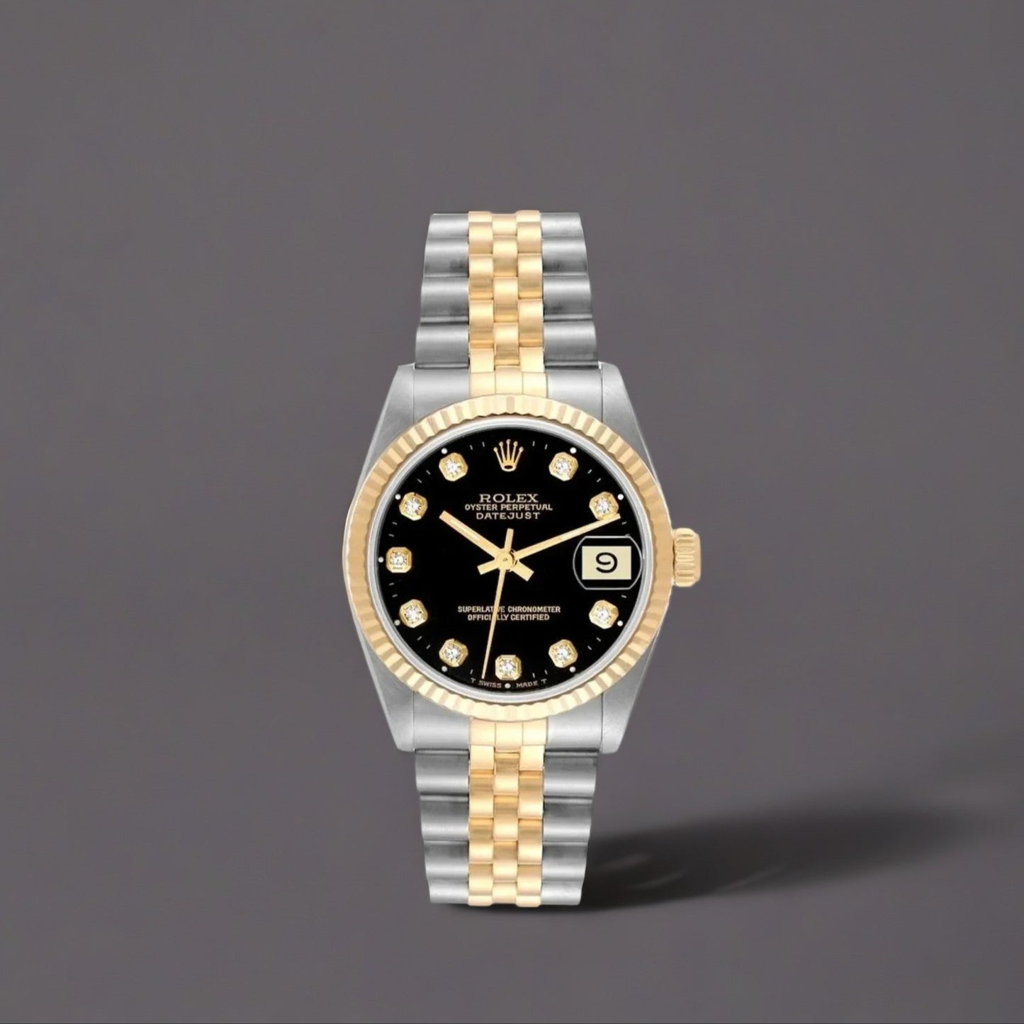 Rolex Datejust 36 Steel Yellow Gold Black Diamond Dial Mens Watch