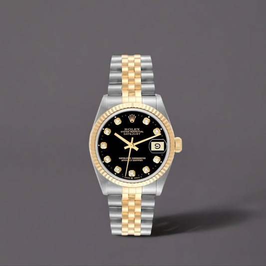 Rolex Datejust 36 Steel Yellow Gold Black Diamond Dial Mens Watch