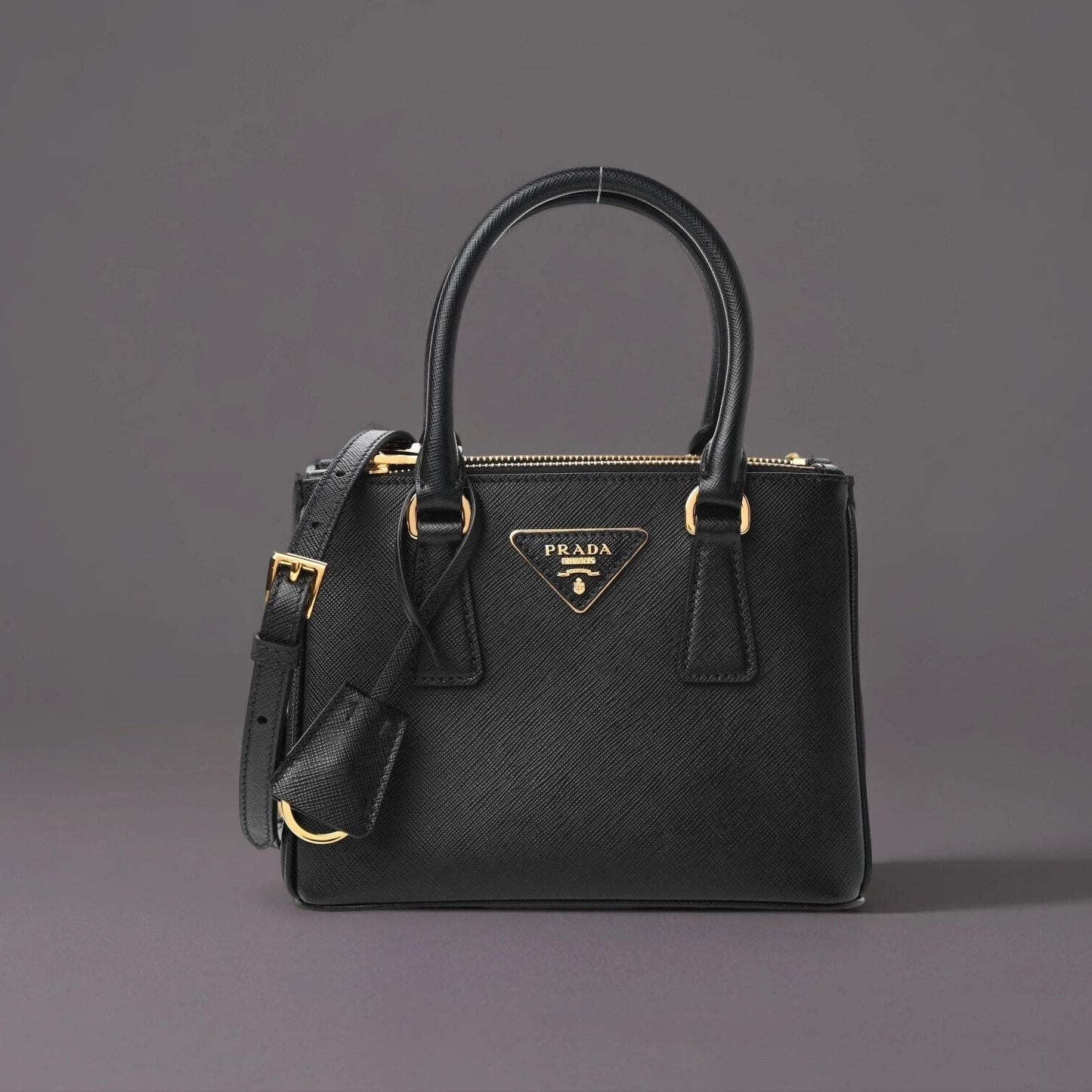 Saffiano Lux Mini Galleria Double Zip Tote Black