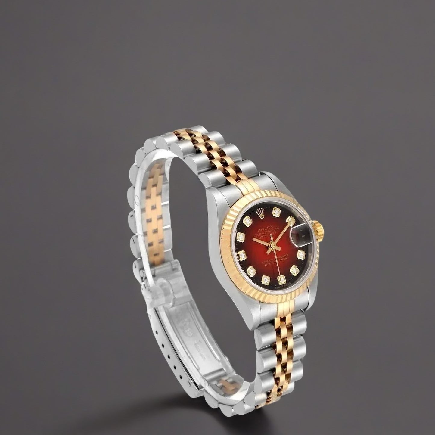 Rolex Datejust 26mm Steel Yellow Gold Red Vignette Diamond Dial Watch