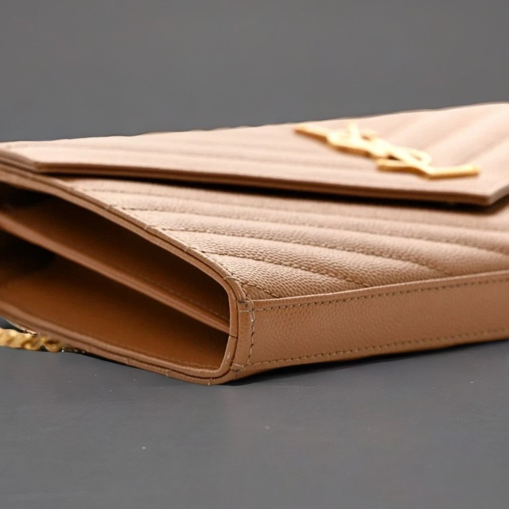 Grain De Poudre Matelasse Chevron Monogram Chain Wallet Dark Natural