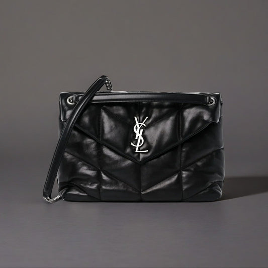 Lambskin Quilted Medium Loulou Puffer Monogram Chain Satchel Black