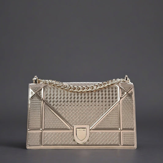 Metallic Patent Micro-Cannage Medium Diorama Flap Bag Gold