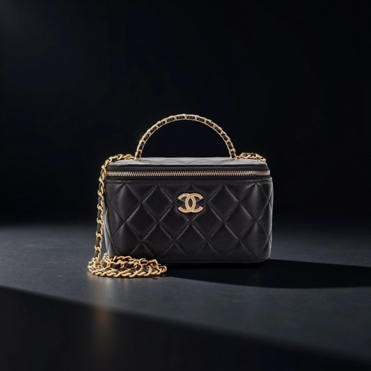 Lambskin Quilted Small Top Handle Vanity Case With Chain Black