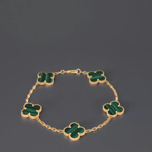 18K Yellow Gold Malachite 5 Motifs Vintage Alhambra Bracelet