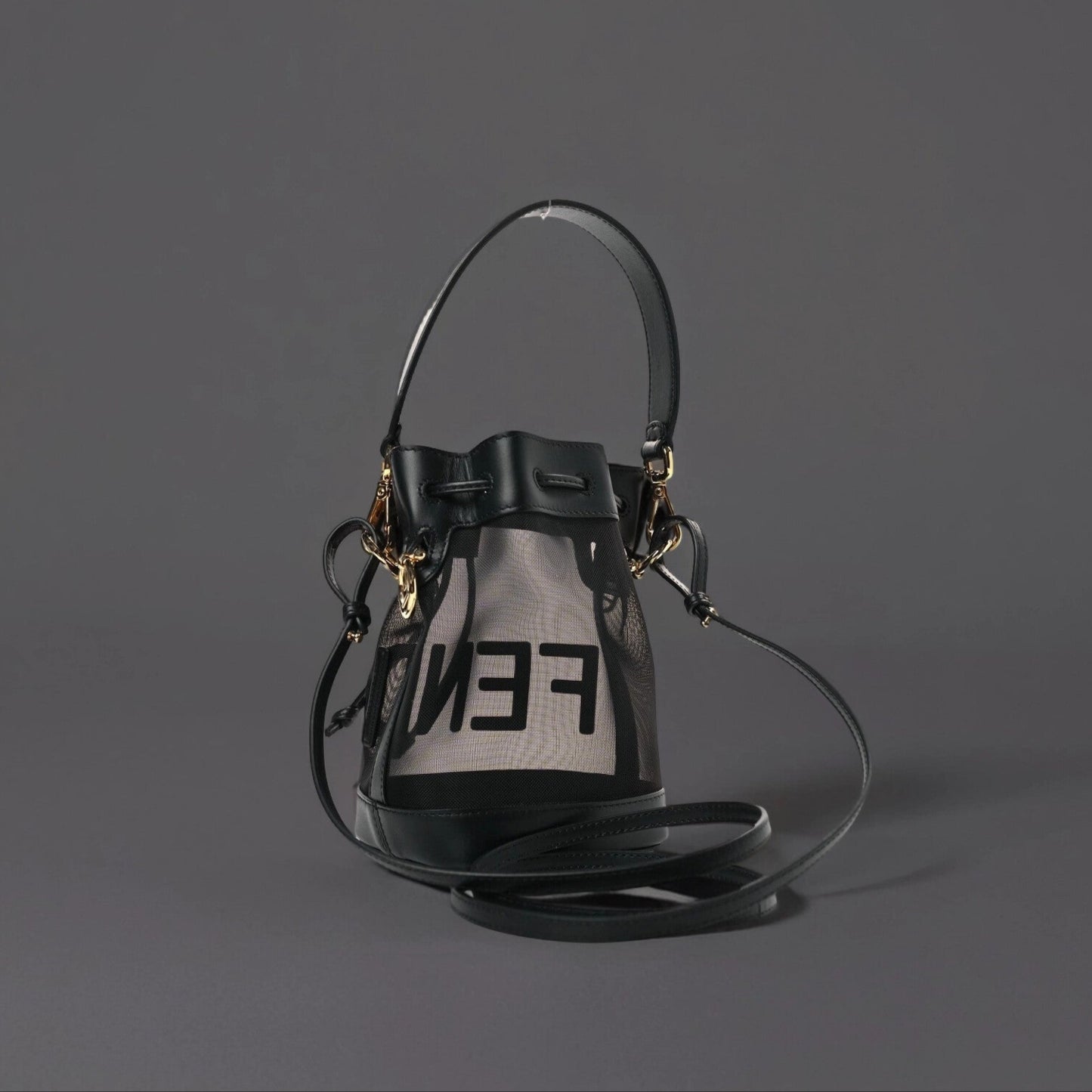 Mesh Vitello King F is Fendi Logo Embroidered Mini Mon Tresor Bucket Bag Black