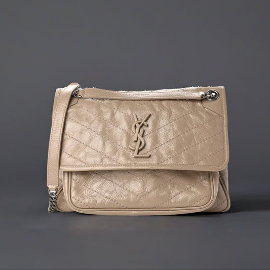 Crinkled Calfskin Matelasse Monogram Medium Niki Chain Satchel Light Taupe