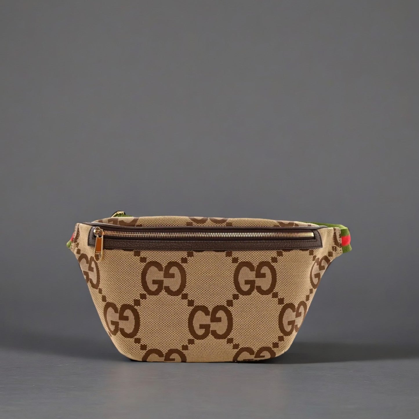 Monogram Jumbo GG Textured Dollar Calfskin Web Belt Bag Camel Ebony New Acero