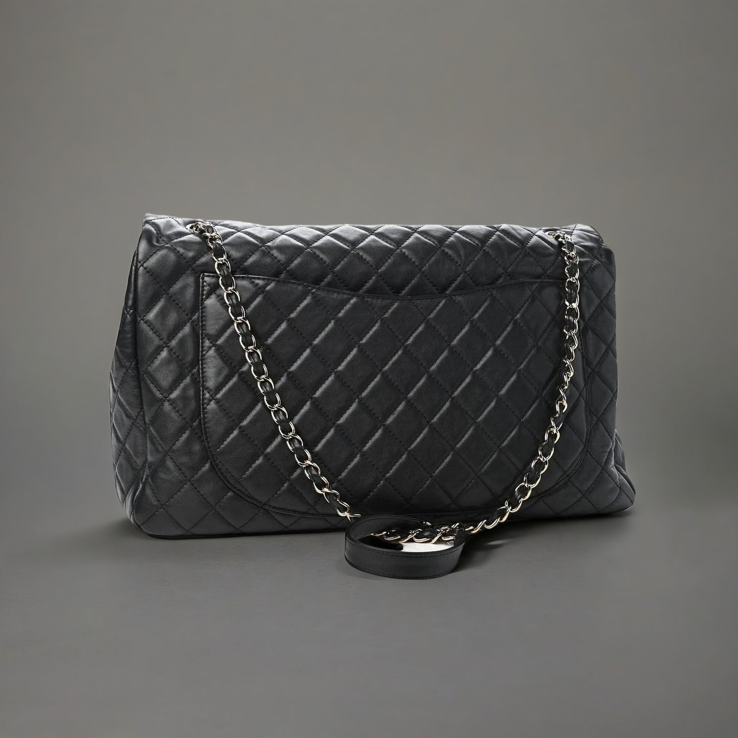 Calfskin Quilted XXL Travel Flap Bag Black