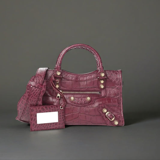 Crocodile Embossed Calfskin Gold Metallic Edge Hardware Nano City Burgundy