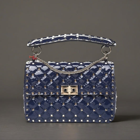 Patent Medium Rockstud Spike Shoulder Bag Navy