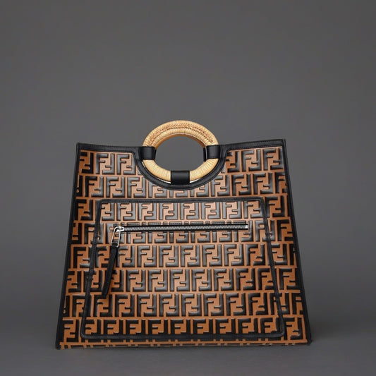 Calfskin FF Embossed Large Runaway Shopper Tote Tobacco Black