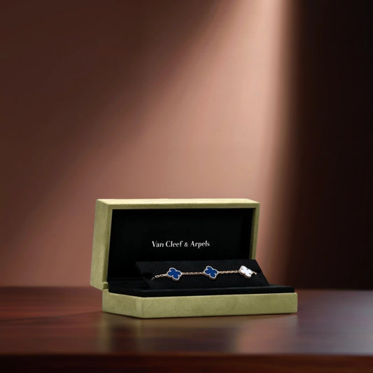 18K Yellow Gold Blue Agate 5 Motifs Vintage Alhambra Bracelet