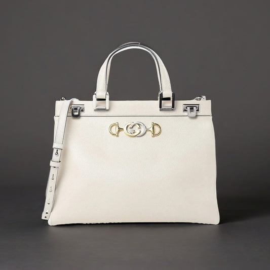 Grainy Calfskin Medium Zumi Top Handle Bag Mystic White
