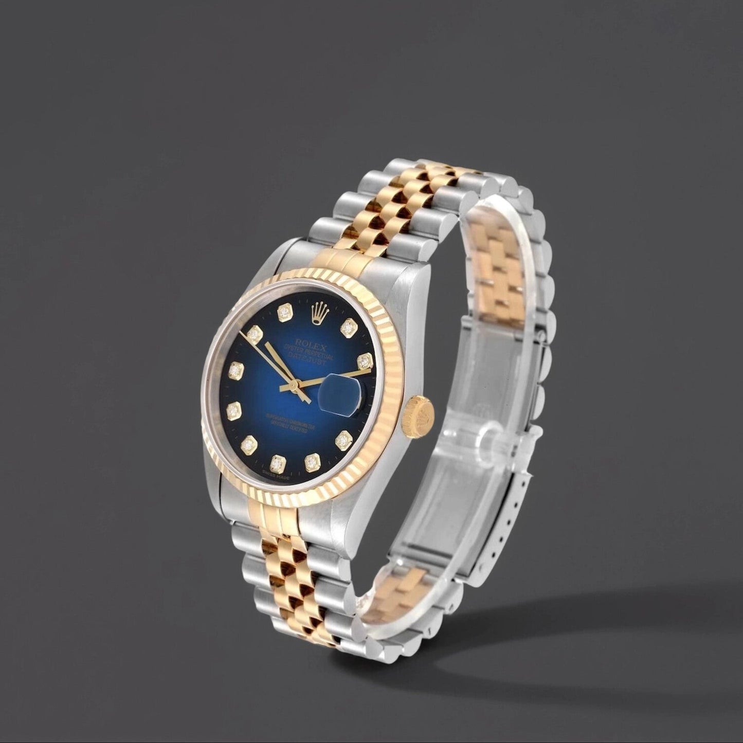 Rolex Datejust 36mm Steel Yellow Gold Blue Vignette Diamond Dial Watch
