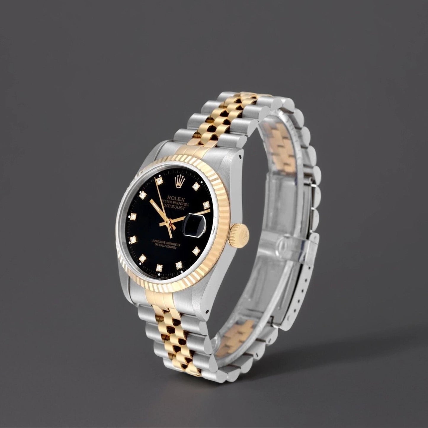 Rolex Datejust 36mm Steel Yellow Gold Black Diamond Dial Watch