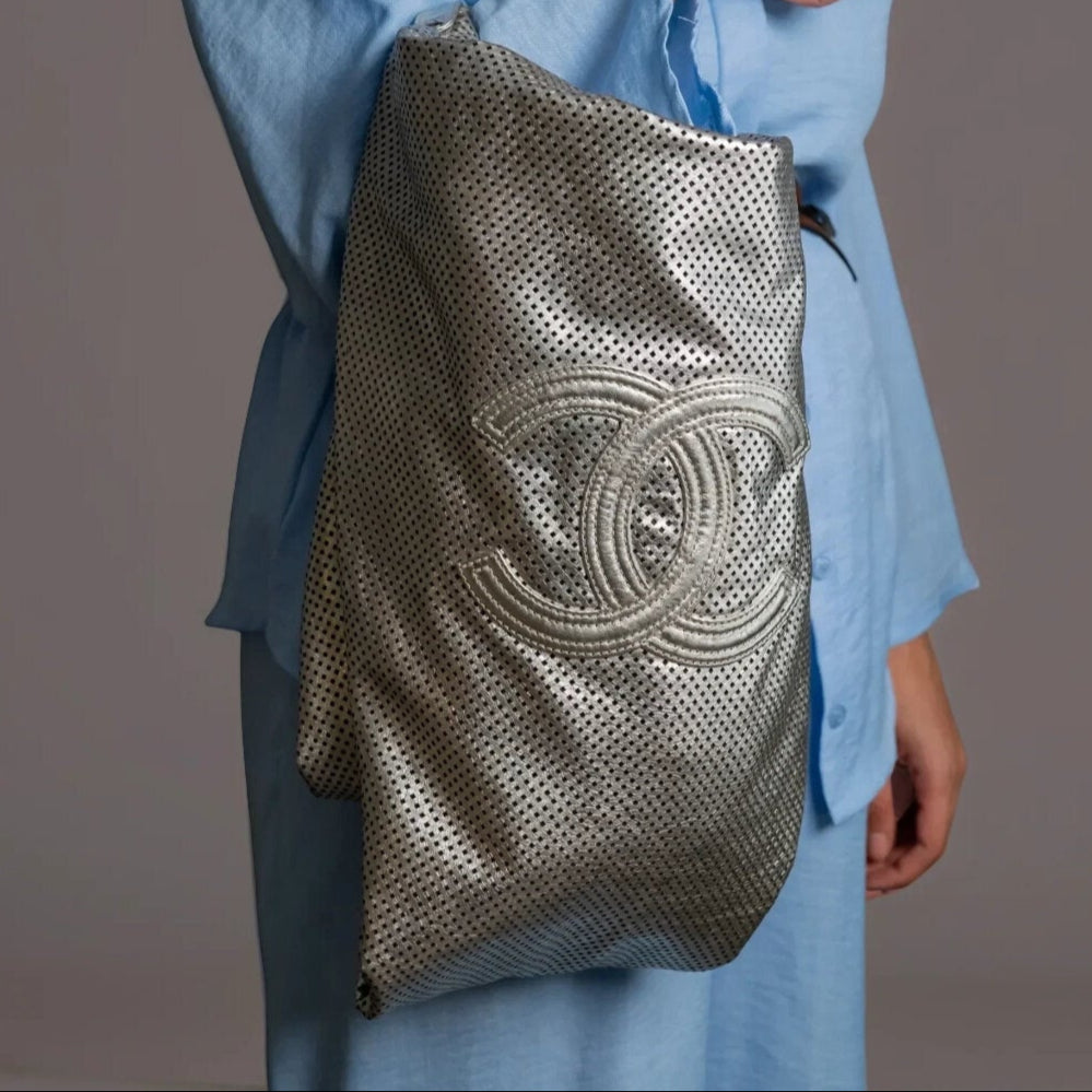 Metallic Glazed Calfskin Perforated XL Rodeo Drive Triangle Tote Silver