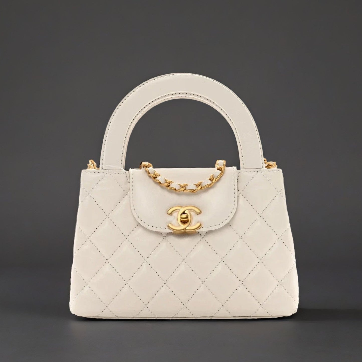 Shiny Aged Calfskin Quilted Nano Kelly Shopper White