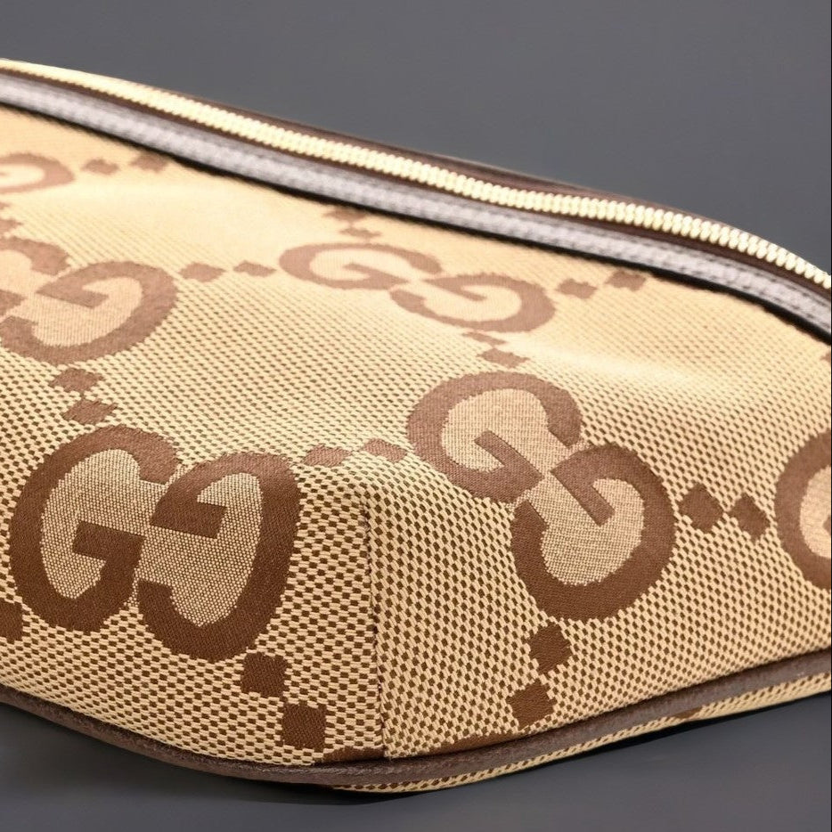 Monogram Jumbo GG Textured Dollar Calfskin Web Belt Bag Camel Ebony New Acero