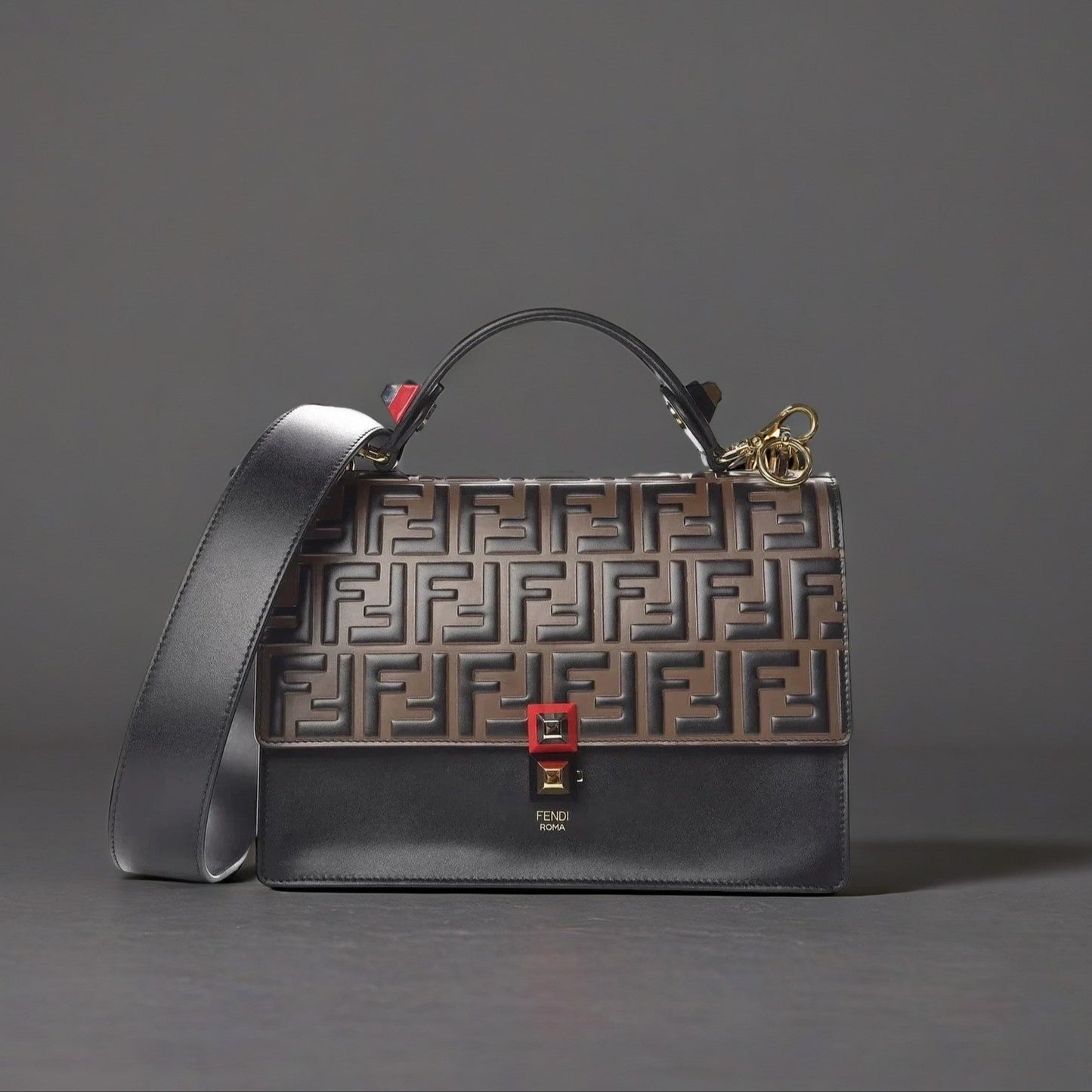 Calfskin FF 1974 Embossed Kan I Shoulder Bag Black Maya