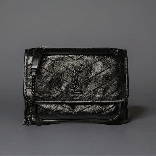 Crinkled Calfskin Matelasse Monogram Baby Niki Chain Satchel Black