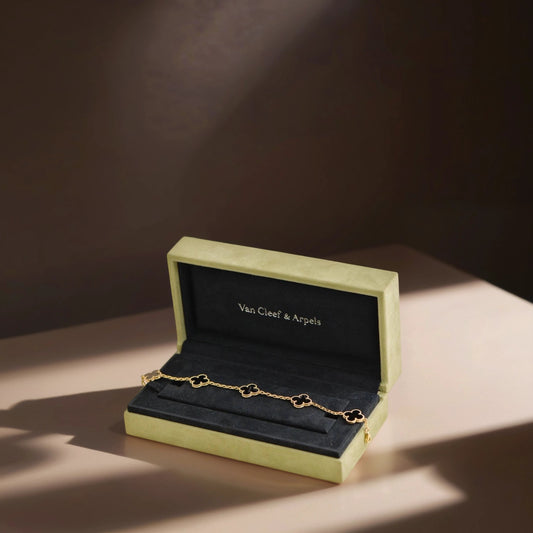 18K Yellow Gold Black Onyx 5 Motifs Vintage Alhambra Bracelet