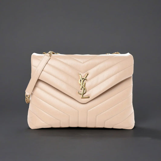 Calfskin Y Quilted Monogram Medium Loulou Chain Satchel Nude Powder