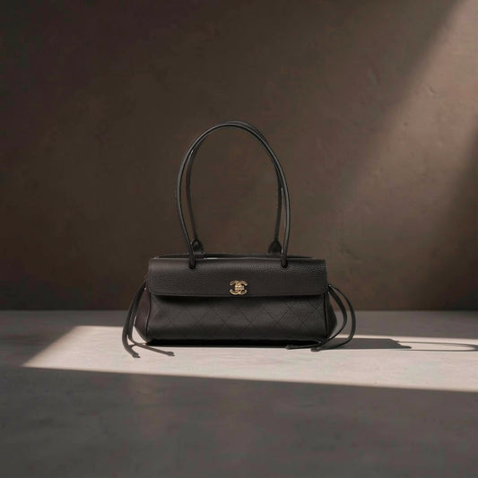 Grained Calfskin Stitched Urban Essentials Small Shopping Bag Black