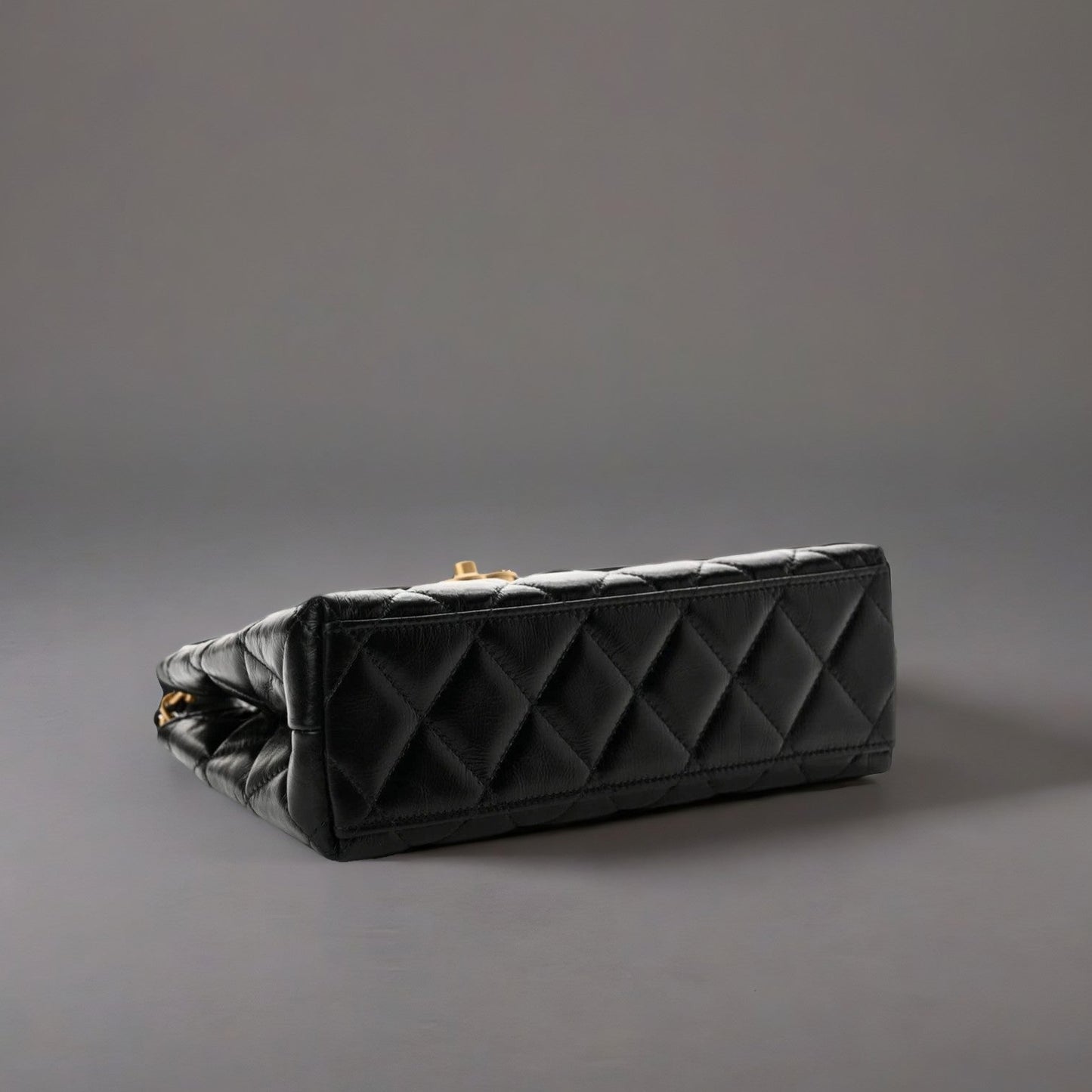 Shiny Aged Calfskin Quilted Nano Kelly Shopper Black