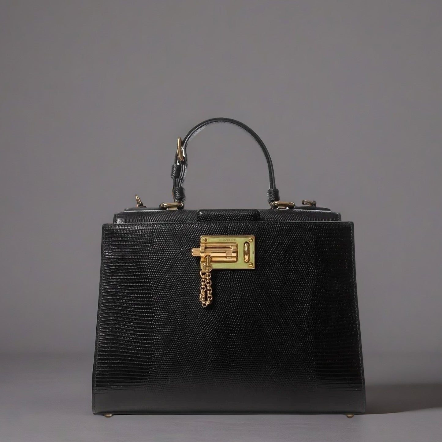 DOLCE & GABBANA Lizard Embossed Calfskin Large Monica Top Handle Bag Black