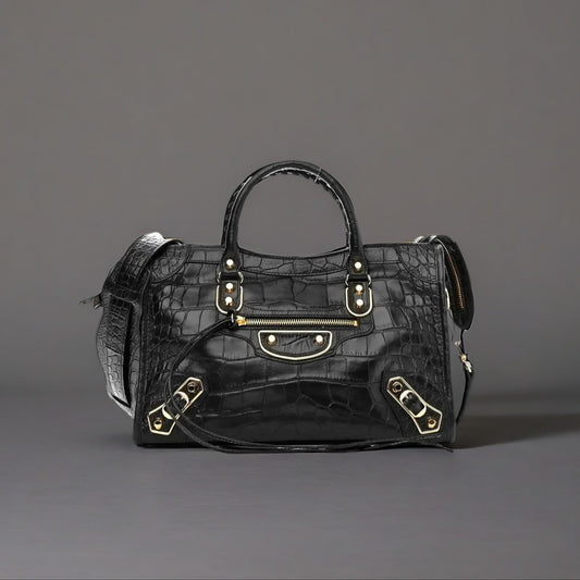 Calfskin Crocodile Embossed Gold Metallic Edge Hardware S City Black