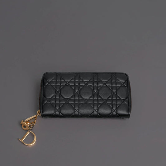 Lambskin Cannage Lady Dior Zip Wallet Black
