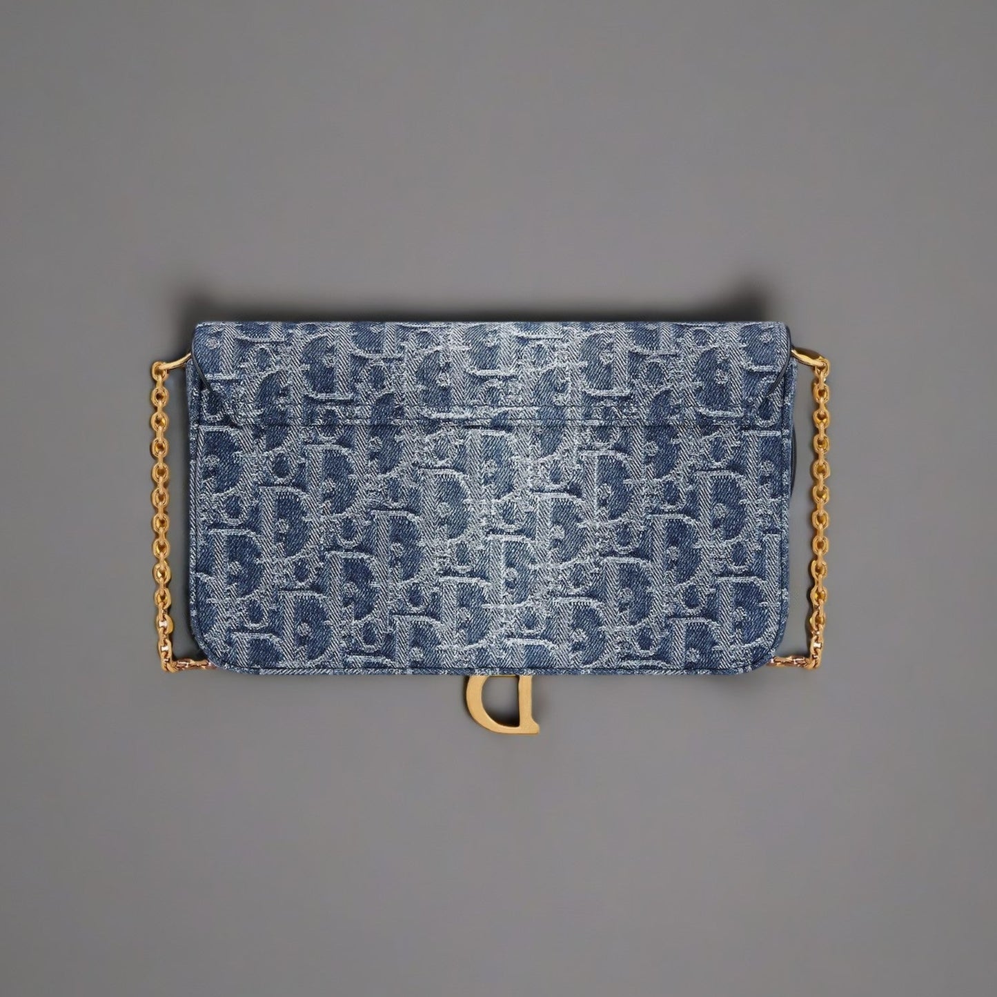 Oblique Saddle Chain Long Wallet Blue Denim