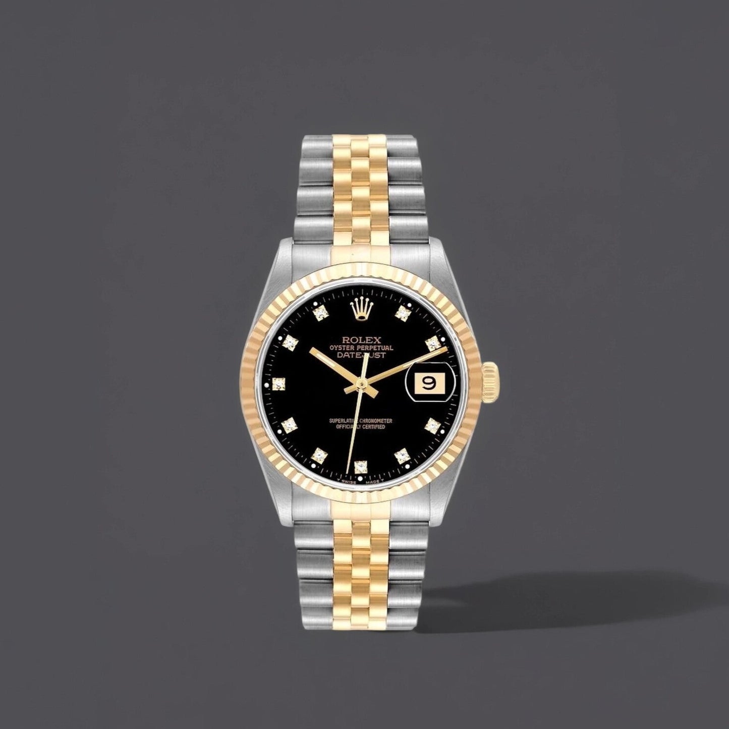 Rolex Datejust 36mm Steel Yellow Gold Black Diamond Dial Watch