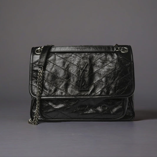 Crinkled Calfskin Matelasse Monogram Medium Niki Chain Satchel Black