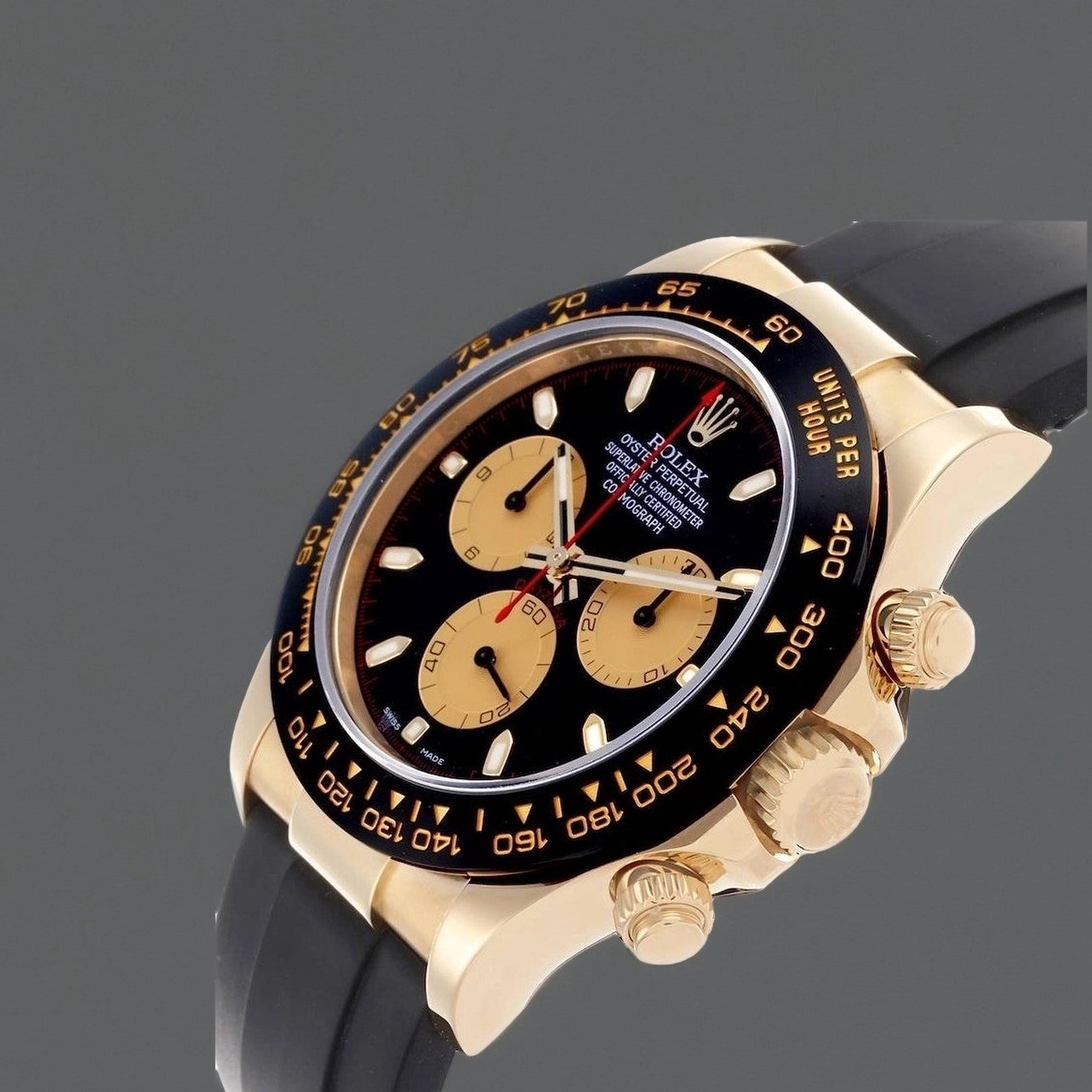 Rolex Daytona Yellow Gold Ceramic Bezel Oysterflex Mens Watch