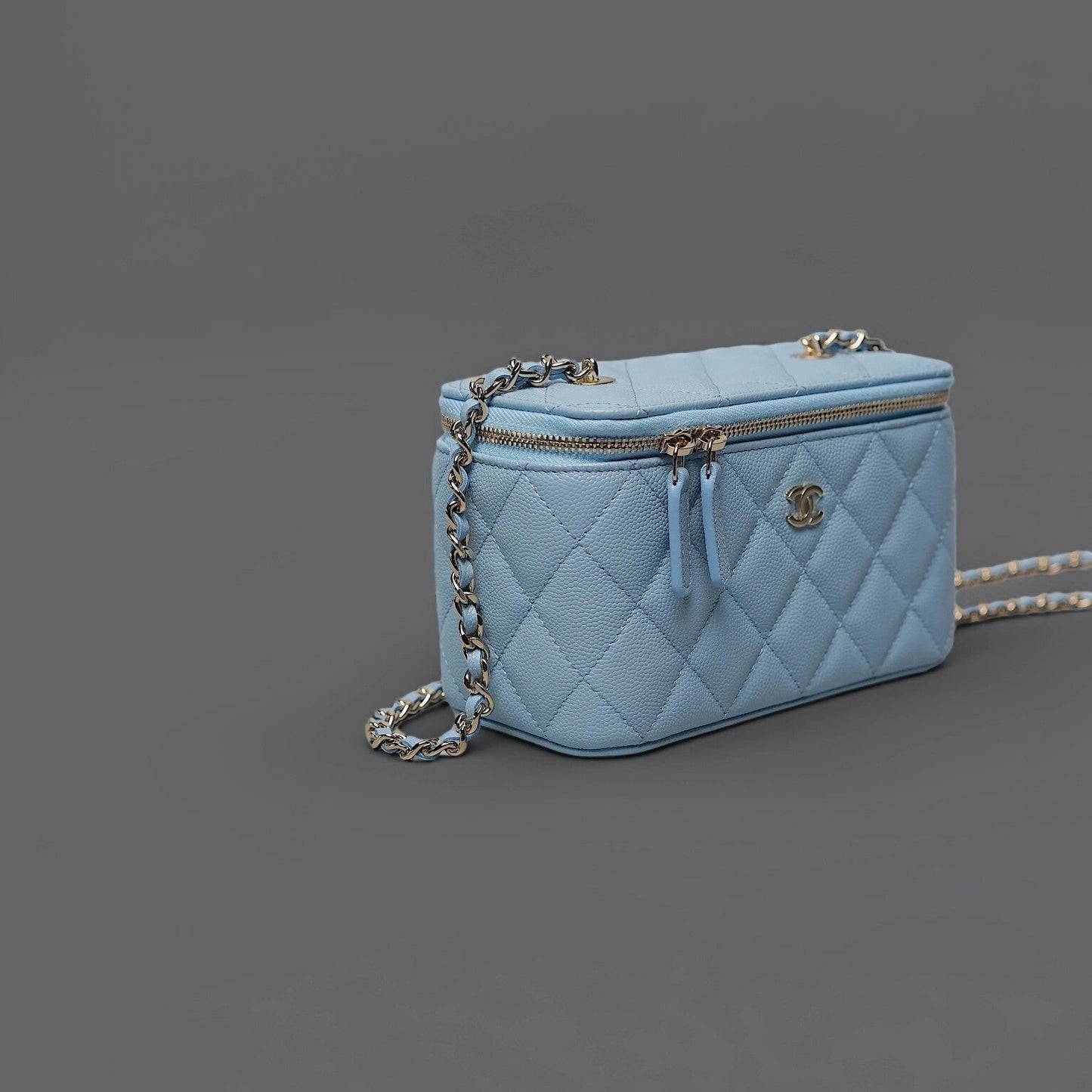 Caviar Quilted Small Vanity Case With Chain Light Blue