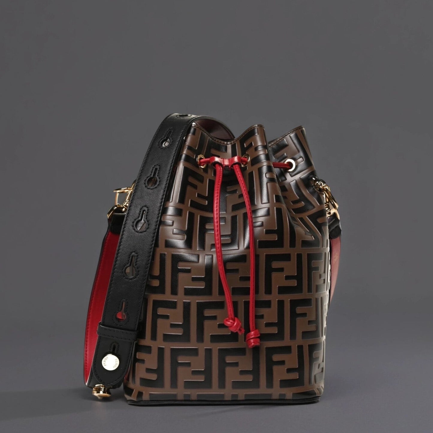 Calfskin F is Fendi FF 1974 Embossed Grande Mon Tresor Bucket Bag Maya Black Fragola