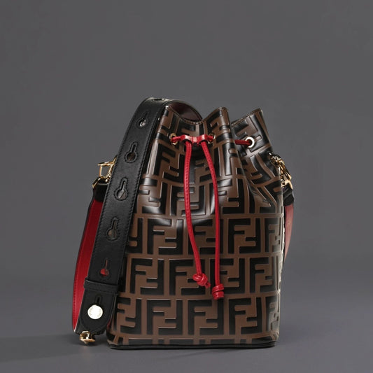 Calfskin F is Fendi FF 1974 Embossed Grande Mon Tresor Bucket Bag Maya Black Fragola