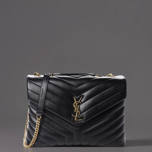 Calfskin Y Quilted Monogram Medium Loulou Chain Satchel Black