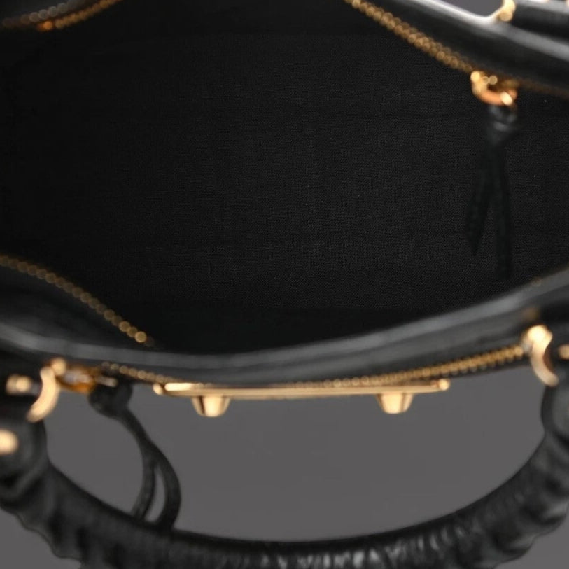 Calfskin Crocodile Embossed Gold Metallic Edge Hardware Mini City Black