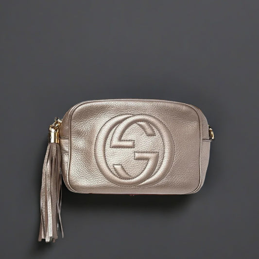 Metallic Pebbled Calfskin Small Soho Disco Bag Golden Beige