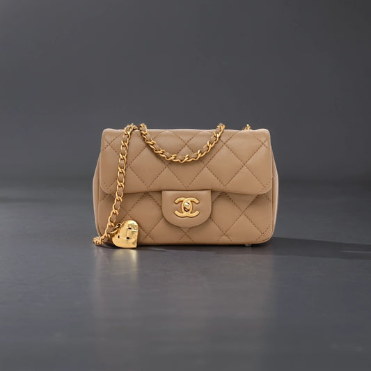 Lambskin Quilted Mini Heart Charms Flap Beige