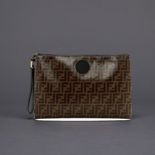 Glazed Fabric Vitello Century FF 1974 Stamp Patch Large Flat Pouch Mogano Panna Black