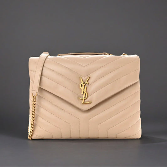 Calfskin Y Quilted Monogram Medium Loulou Chain Satchel Dark Beige