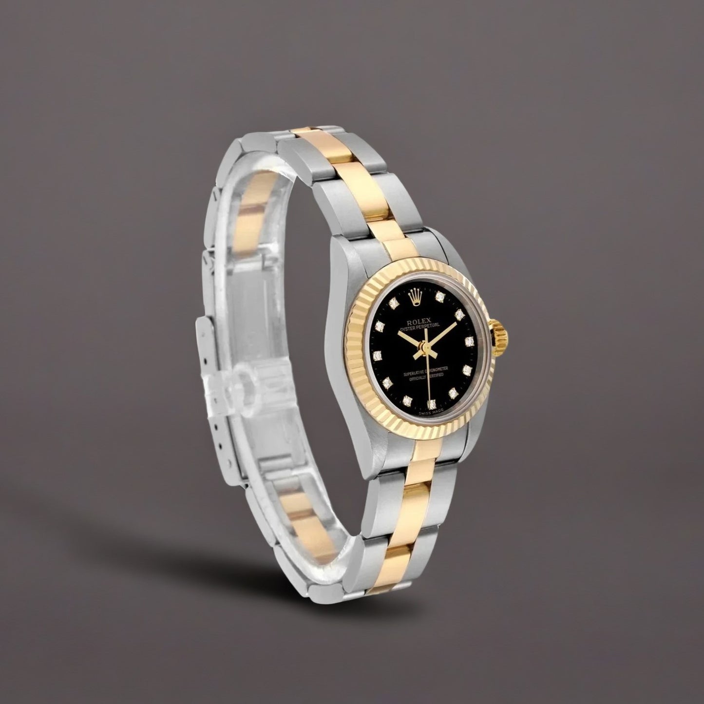 Rolex Oyster Perpetual Steel Yellow Gold Black Diamond Dial Watch