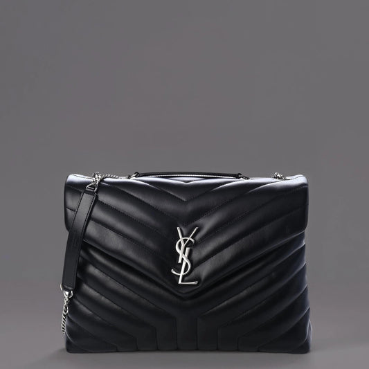 Calfskin Y Quilted Monogram Medium Loulou Chain Satchel Black